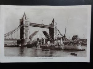 London: Tower Bridge showing Submarine 45 & crowds viewing on boats c1909 RP