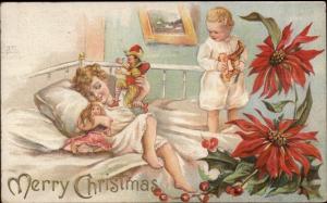 Christmas - Children New Toys & Poinsettia c191 Postcard