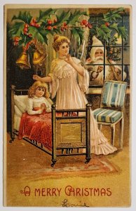 Santa Father Christmas Brown Robe With Bell Outside Window Postcard Q26