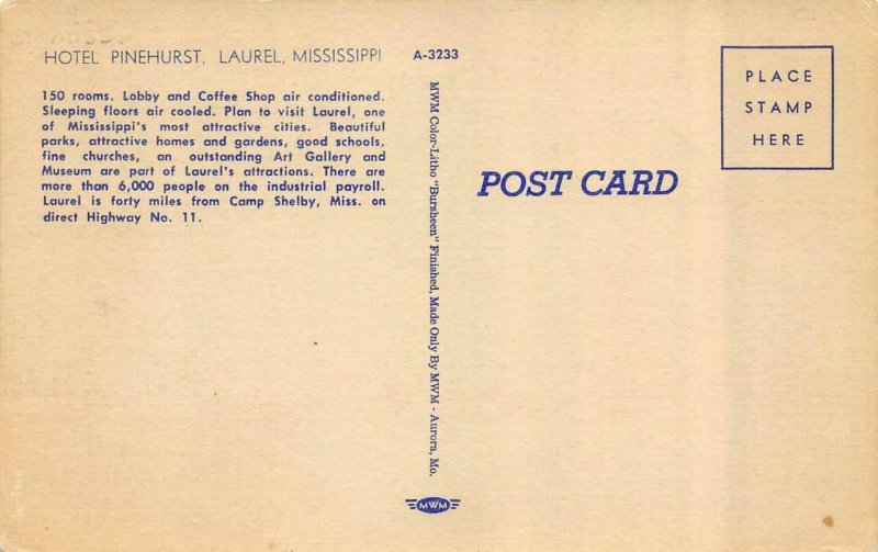 LAUREL, MS Mississippi PINEHURST HOTEL Roadside JONES CO  c1940's Linen Postcard