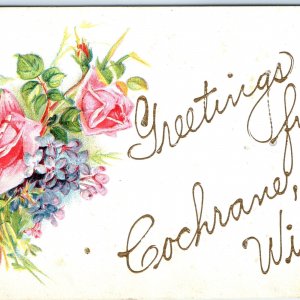 c1910s Cochrane, WI Greetings From Gold Gilt Pen Embossed Rose Postcard Wis A116