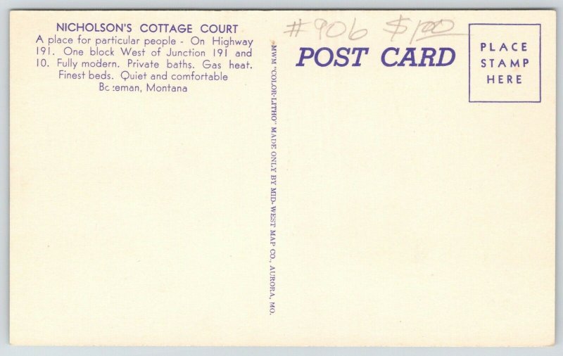 Bozeman MT~Nicholson's Cottage Court~Roadside Motel~Particular People~1950 Linen 