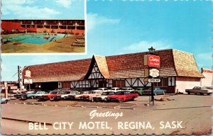 Greetings Bell City Motel Classic cars Regina Saskatchewan Canada Postcard