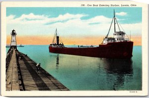 Lorain Ohio, Ore Boat Entering Harbor, Ocean, Transportation, Vintage Postcard