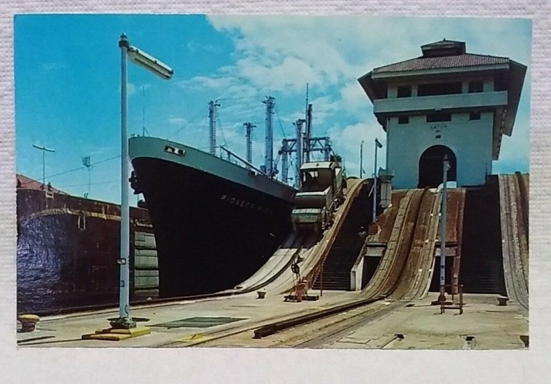 Panama Canal Gatun Locks Control tower ship passing from lock chamber to another