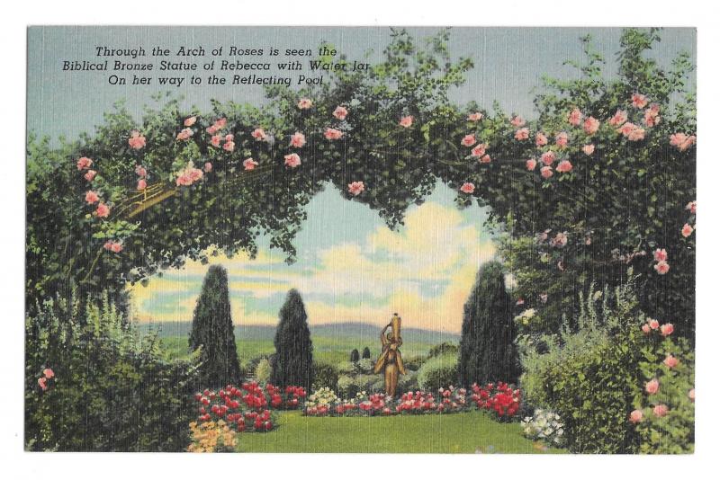 Hershey PA 2 Diff Linen Postcards Rose Garden Rebecca Statue and Tree Grove