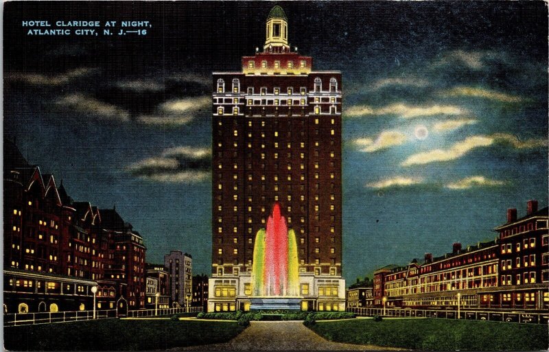 Hotel Claridge Night Scene Atlantic City New Jersey NJ Color Fountain Postcard 