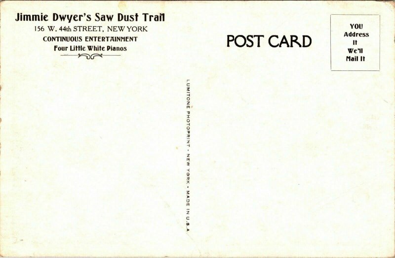 Jimmie Dwyers Saw Dust Trail New York Dining WB Postcard Vintage UNP Unused 