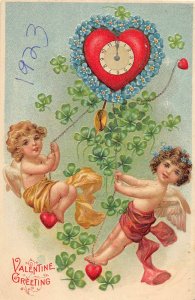 G14/ Valentine's Day Love Holiday Postcard c1910 Cupids Heart Clock 13