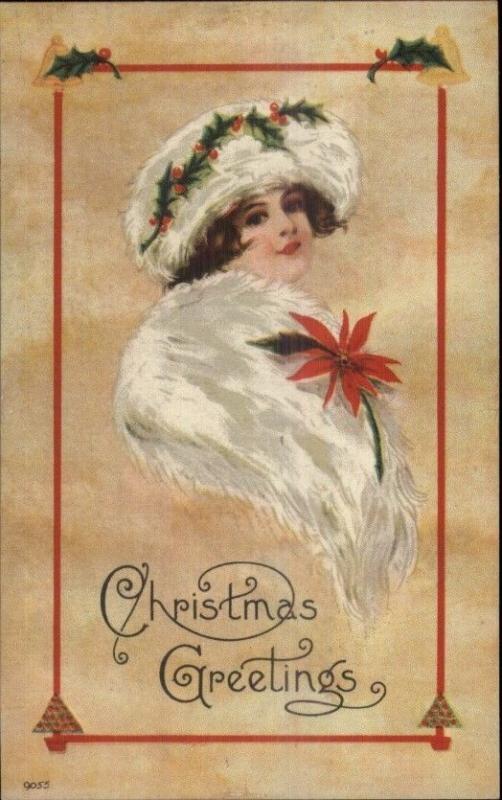 Christmas - Beautiful Woman White Fur Hat & Muff #9055 c1910 Postcard #2