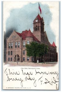 1906 City Hall Building Entrance Tower Clock Flag Davenport Iowa IA Postcard