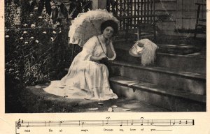 Vintage Postcard 1909 Beautiful Woman Sitting on Stairs with Umbrella Artwork