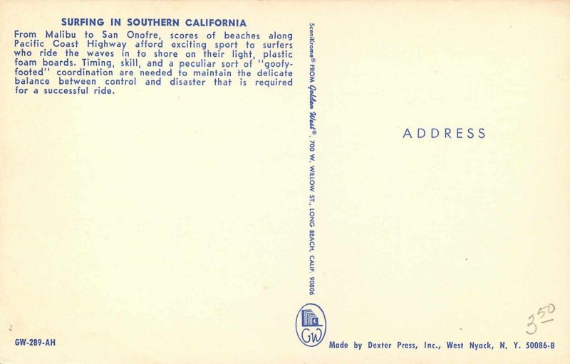 Postcard Surfing Souther California Malibu San Onofre Unposted 