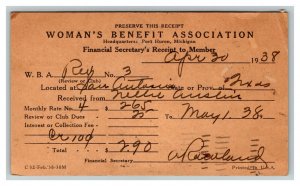 Vintage 1938 Postcard Woman's Benefit Association Membership Receipt Texas