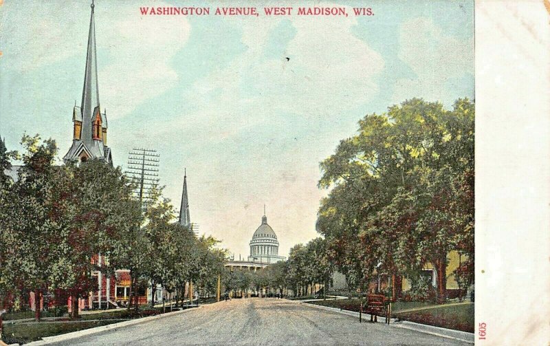 MADISON WISCONSINWASHINGTON AVENUE-CAPITOL-CHURCH SPIRES 1900s POSTCARD