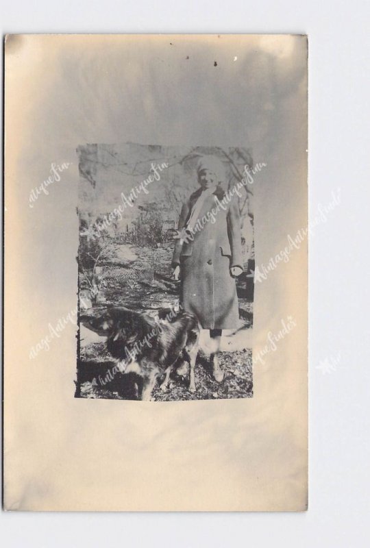 RPPC REAL PHOTO POSTCARD CUTE GIRL HAT COAT GERMAN SHEPPARD? DOG