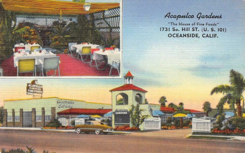 ACAPULCO GARDENS Oceanside, CA Roadside ca 1940s Vintage Linen Postcard