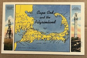 UNUSED LINEN POSTCARD - MAP OF CAPE COD & THE PILGRIMLAND, MASS