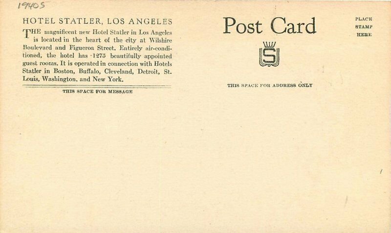 Artist Impression Hotel Statler Los Angeles California Postcard roadside 11736