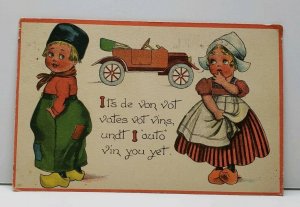 Valentines Greeting Adorable Dutch Children with Car Postcard F20