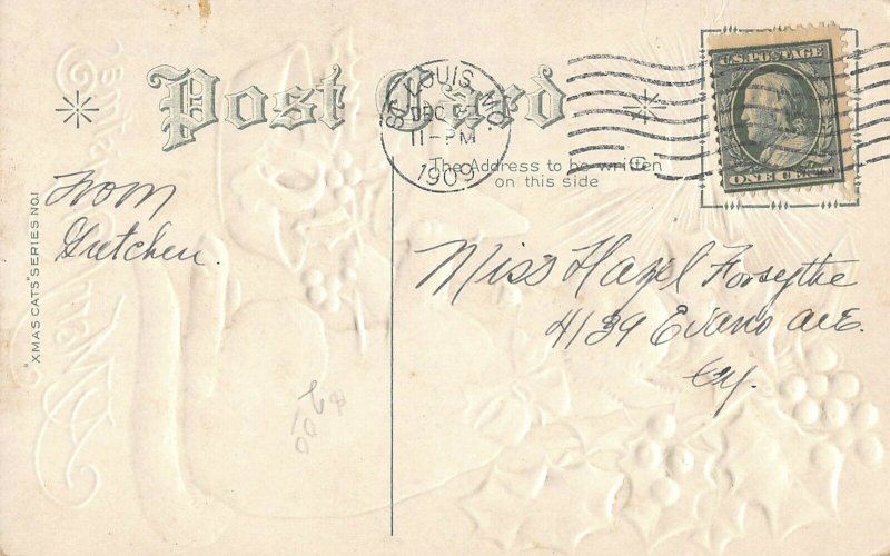 Christmas cat holly candle postcard 1909 ae102