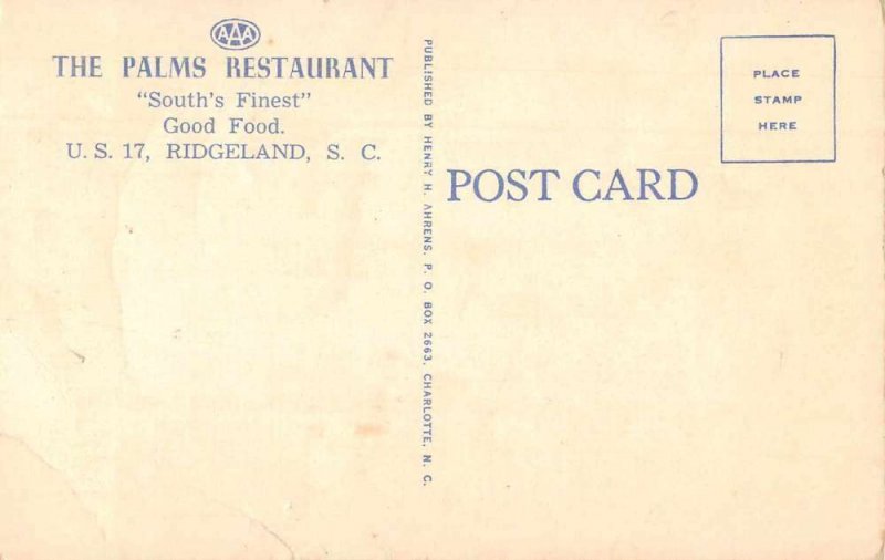 Ridgeland South Carolina The Palms Restaurant Vintage Postcard JE359331