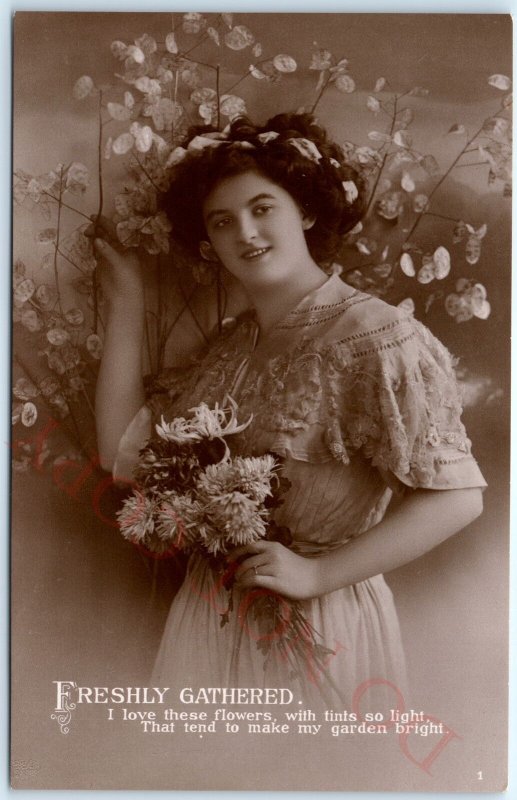c1910s Woman Freshly Gathered Flowers RPPC Poem Real Photo Germany Postcard A98