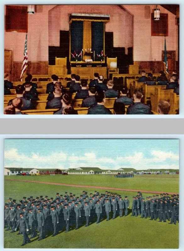 2 Postcards SAN ANTONIO, TX ~ Airmen Drill, Chapel LACKLAND AIR FORCE c1940s
