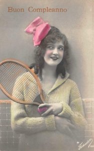 RPPC WOMAN TENNIS SPORTS GLAMOUR ITALY STUDIO REAL PHOTO POSTCARD (c. 1910)