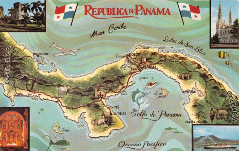 REPUBLICA DE PANAMA WITH TOPOGRAHIC MAP & FLAGS~MIKE ROBERTS PUBL POSTCARD