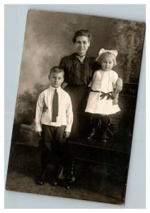 Vintage 1910's RPPC Postcard - Studio Portrait Woman & Her Two Children - Named