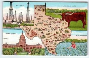 Texas Map Postcard Linen Oil Field Longhorn Steer Blue Bonnet State Capitol 1942