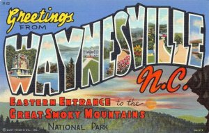 Large Letter: Greetings From Waynesville, N.C., Early Linen Postcard, Unused