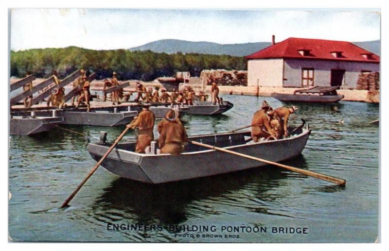 WWI US Army Engineers Building Pontoon Bridge Postcard