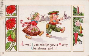 Merry Christmas Clogs Children Netherlands c1914 Hope ID Cancel Postcard G23