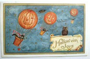 Vintage Halloween Postcard Whitney Black Cat Fly Hot Air Pumpkin Balloons 1913