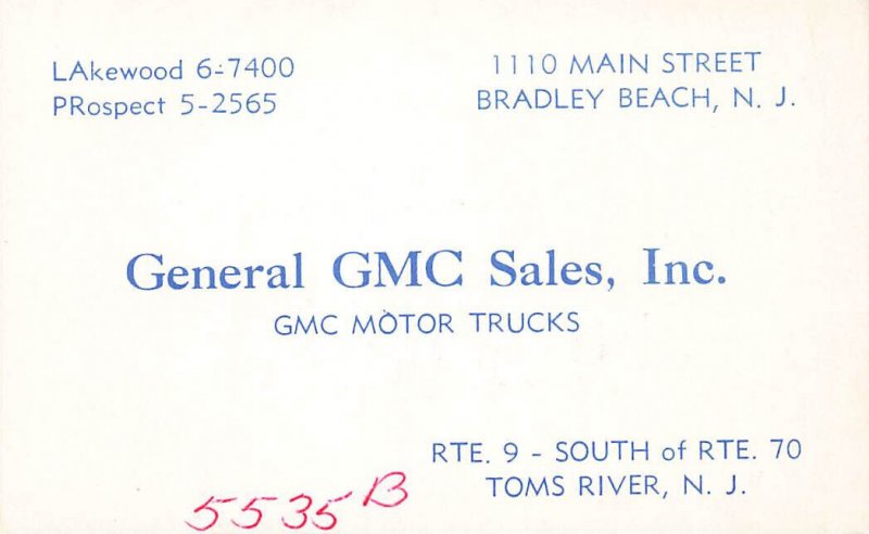 Toms River NJ General GMC Sales Trucks, Business Card 2 x 3.5