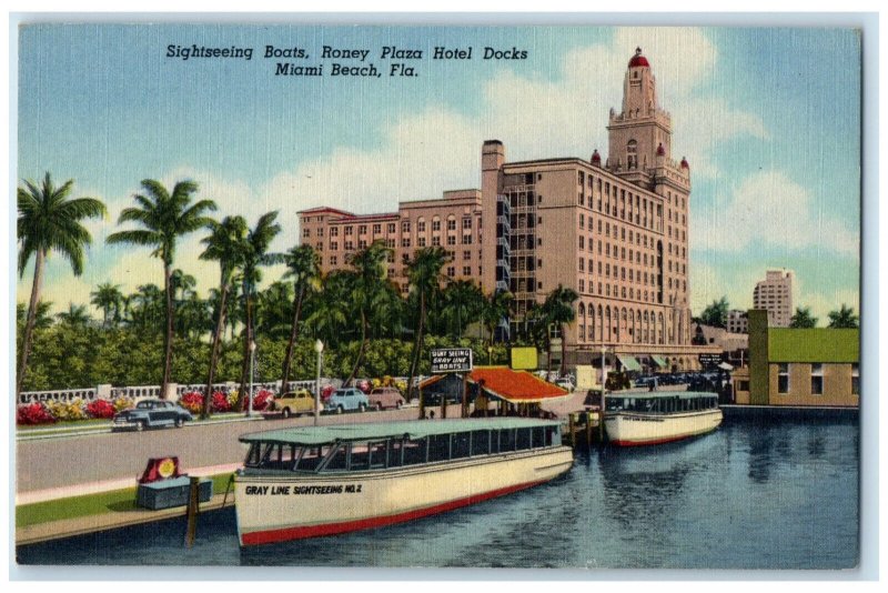 c1930s Sightseeing Boats Roney Plaza Hotel Docks Miami Beach FL Postcard
