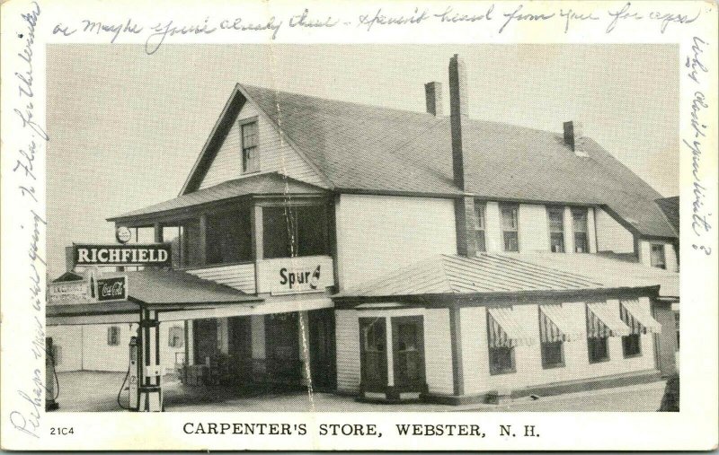 Vtg RPPC Carpenter's Store Service Station Webster NH Coca Cola Spur Soda Gas