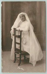RPPC Lovely Lady~Bride in Wedding Gown~Kneels Over Chair w/Catholic Rosary~c1910