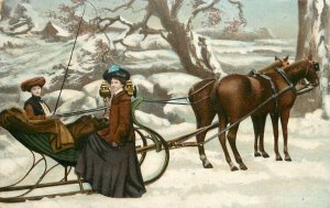 UDB Art Postcard ESD Edgar Schmidt 1610 Snowy Winter Scene Women Horses & Sleigh