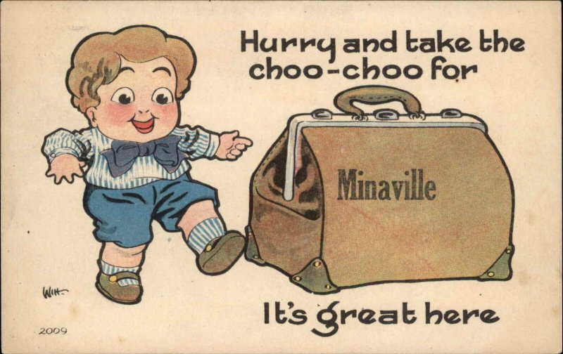 Minaville New York NY Little Boy with Carpet Bag Comic c1910 Vintage Postcard