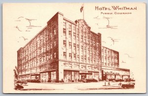 Sketches~Pueblo Colorado~Fire Proof Hotel Whitman Bldg Street View~Vtg Postcard