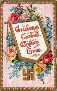 postcard Greetings Cordial Wishes True roses, forget-me-not, swastika, embossed