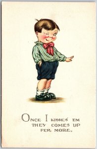 Young Boy Wincking, Once I Kisses Em They Comes Up Fer More, Vintage Postcard