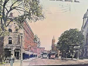 Postcard Hand Tinted 1913 View of Cabot Street in Beverly, MA       X7