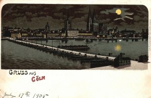 Vintage Postcard 1905 Gruss Aus Coln Port Harbor Ocean Moonlight Scene Germany