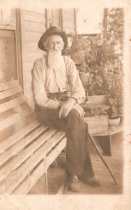 Vintage Postcard Old Man Photograph Outside Bench Siting With His Cane RPPC