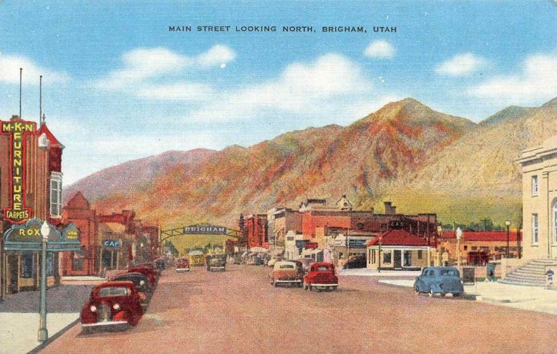 BRIGHAM, UT Utah  MAIN STREET SCENE  MKN Furniture~Cars  c1940's Linen Postcard