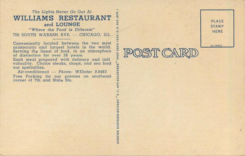Linen Postcard; Williams Restaurant & Cocktail Lounge Wabash Ave Chicago IL